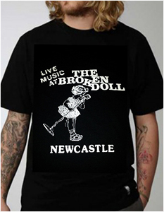 live music at the broken doll newcastle printed t-shirt